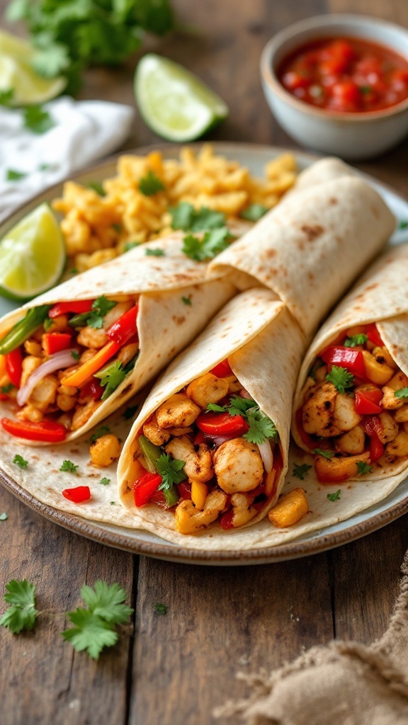 A plate of Chicken Fajita Wraps with grilled chicken and peppers, garnished with cilantro and served with lime and salsa.